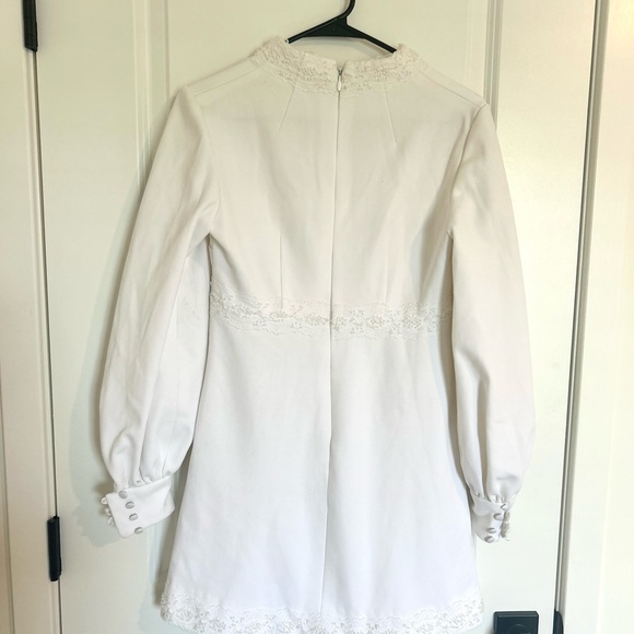 VINTAGE CUSTOM MADE Elegant White Lace-Trimmed Beaded Long Sleeve Mini Dress - Picture 5 of 6